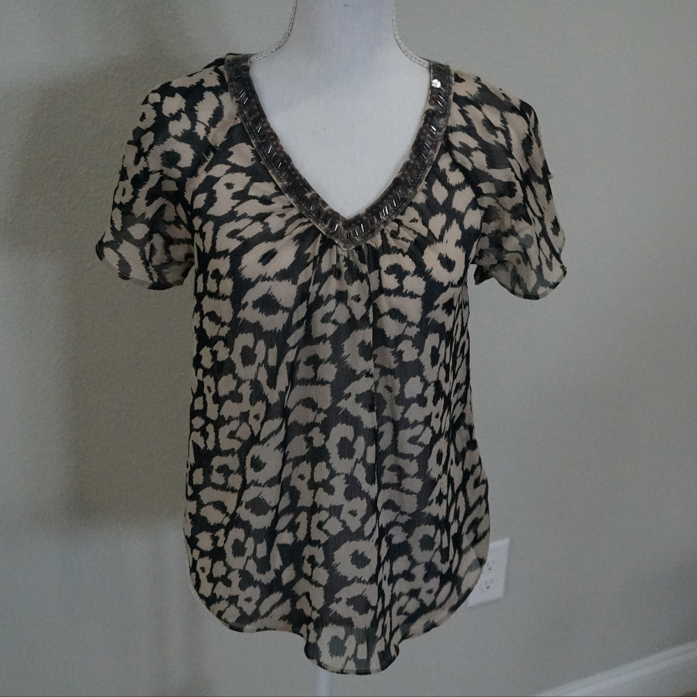Express Black V-Neck Patterned Beaded Top - XS